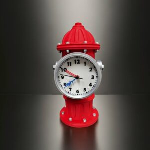Small red fire-hydrant–shaped tabletop clock with a round white analog face, black numerals, red and black hands and a blue second hand, standing on a reflective dark surface against a gradient gray background.
