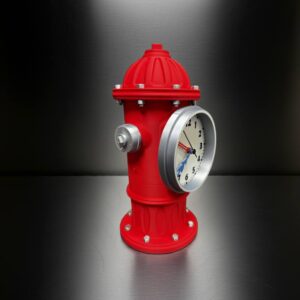 Small red fire-hydrant-shaped desk clock with a silver-rimmed white clock face showing black numerals and colored hands, standing on a brushed metal surface against a dark gradient background.
