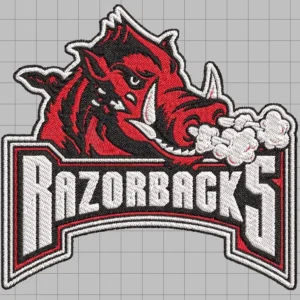 Embroidered patch-style logo of a snarling red razorback hog head with white tusks and puffs of steam from its nostrils above bold arched white "RAZORBACKS" lettering in red, black, and white stitching on a gray grid background.