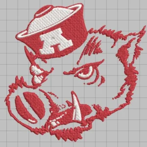 Embroidered red-and-white snarling wild boar head with prominent tusks and a tilted cap marked with a white 'A', stitched on a gray grid background.