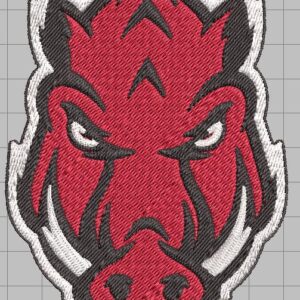 Embroidered patch showing an angry red boar head with black outlines, white border and visible diagonal stitching, featuring fierce eyes and prominent tusks on a grey grid background