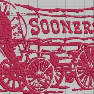 Magenta embroidered design of a covered wagon with large spoked wheels and the word SOONERS stitched across the canvas cover on a light grid background.
